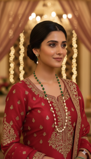 Handmade Glass beads necklace | Emerald Green & Pearl