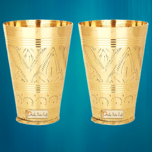 Prisha India Craft Pure Brass Mughlai Style Embossed Designer Glass Tumblers  Drinkware & Serveware  Capacity 250 ML  Set of 2