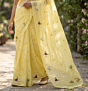 Lemon Yellow Mulmul Cotton Saree with Multi-Color Floral Embroidery - Soft Summer Elegance
