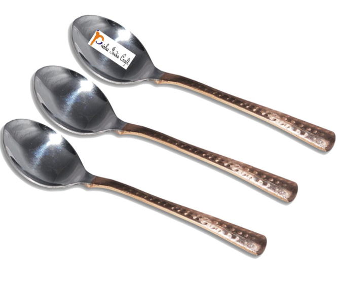 Prisha India Craft Hammered Design Steel Copper Spoon 7 Inch Set of 3