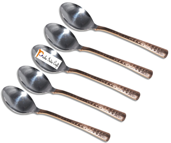 Prisha India Craft Hammered Design Steel Copper Spoon 7 Inch Set of 5