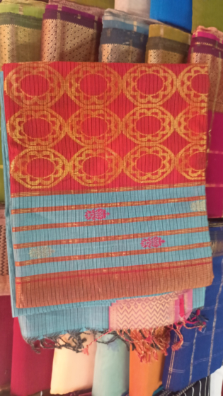 Red Blue Maheshwari Cotton Silk Saree