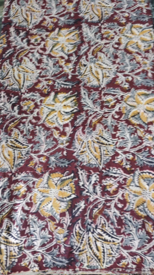 Kalamkari Hand Block Print Cotton Cambric Fabric - Multicolor - 1 Meter(KBPF221)