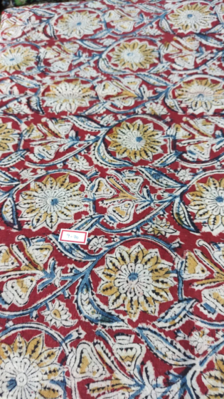 Kalamkari Hand Block Print Cotton Cambric Fabric - Multicolor - 1 Meter(KBPF227)