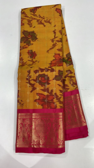 Soft Silk Kanchi Border Ikat Saree | Mustard