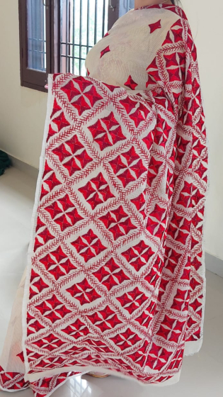 Handloom Phulkari Saree | Beige & Red