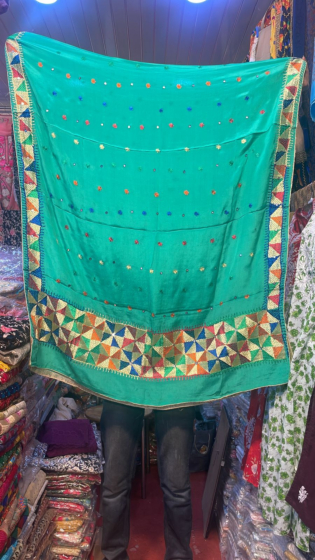 Pure Chinon Chiffon Base Hand Embroidered Phulkari Dupatta | Turquoise colour