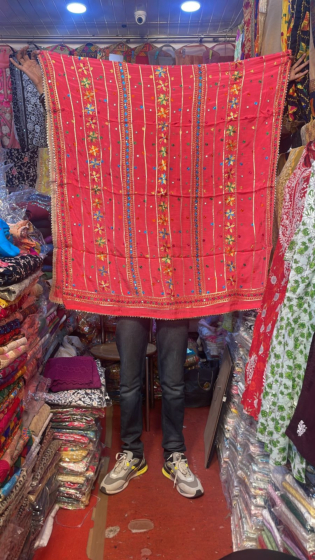 Red colour Pure chinon Chiffon base Hand Embroidered Phulkari Dupatta