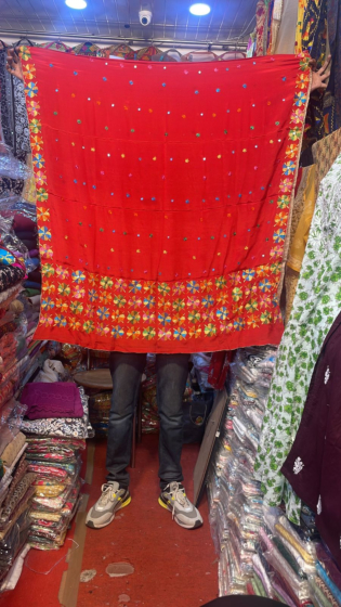 Red  chinon Chiffon base Hand Embroidered Phulkari Dupatta