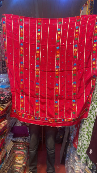 Red 1  Pure chinon Chiffon base Hand Embroided Phulkari Dupatta
