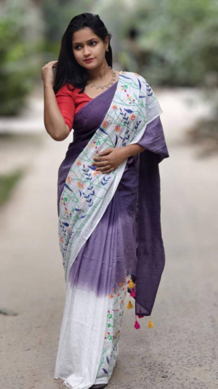 Linen Embroidery Saree Half & Half Design with Plain Border & Running Blouse - 100 Count Premium Linen