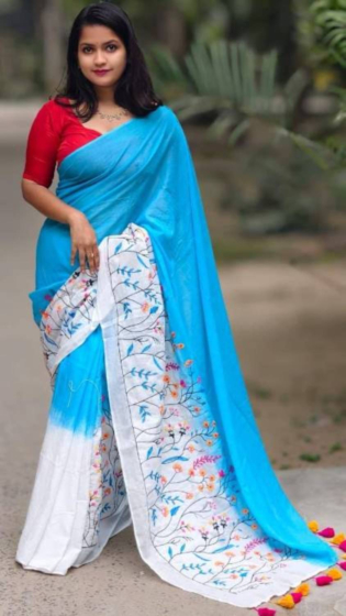 Linen Embroidery Saree Half & Half Design with Plain Border & Running Blouse - 100 Count Premium Linen