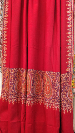 Pure Pashmina Neem Jama Shawl with Fine Sozni Work | Red 