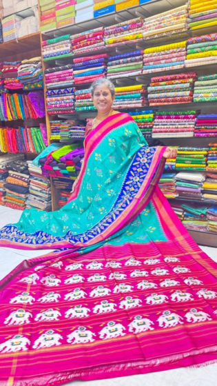 Pure Ikat Pattu Pan Patola border Saree with Blouse  Turquoise & Pink Handloom Saree