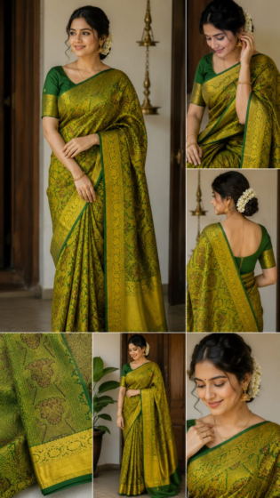 Premium Green & Gold Handloom Silk Saree with Rich Traditional Zari Weaving