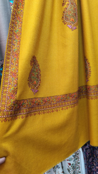 Pure Pashmina Neem Jama Shawl with Fine Sozni Work | Yellow