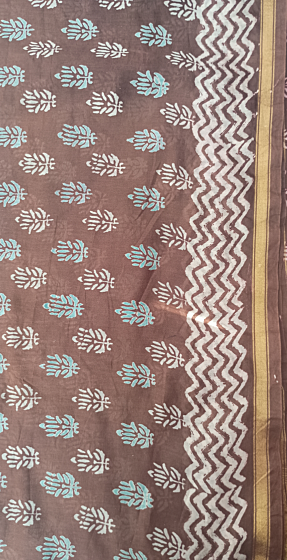 Handwoven Chanderi Cotton-Silk Dabu Print Saree| Brown