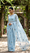 Powder Blue Mulmul Cotton Saree with Multi-Color Floral Embroidery - Soft Elegant Ethnic Wear