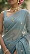 Grey Blue Mulmul Cotton Saree with Multi-Color Floral Embroidery - Soft Elegant Summer Wear