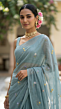 Grey Blue Mulmul Cotton Saree with Multi-Color Floral Embroidery - Soft Elegant Summer Wear