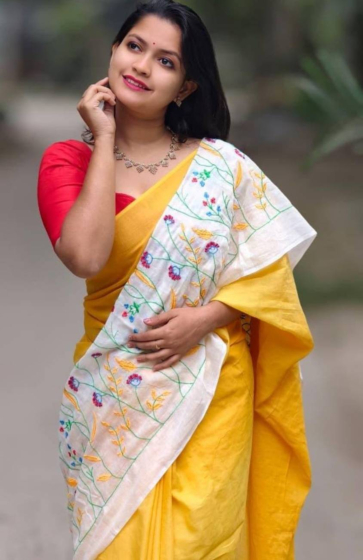 Linen Embroidery Saree Half & Half Design with Plain Border & Running Blouse - 100 Count Premium Linen