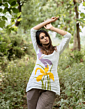 Applique tropical flower bell sleeve top