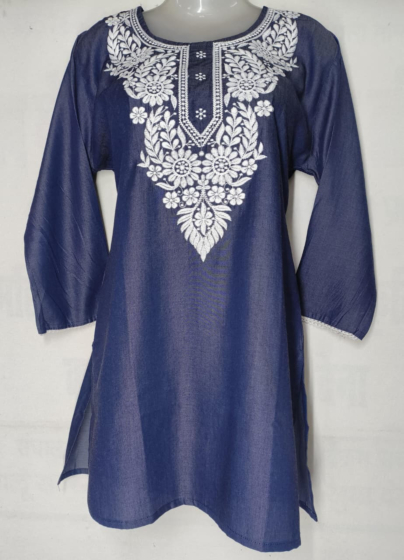 Women Embroidered Pure Cotton Navy Blue Short  Kurti 