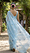 Powder Blue Mulmul Cotton Saree with Multi-Color Floral Embroidery - Soft Elegant Ethnic Wear