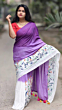 Linen Embroidery Saree Half & Half Design with Plain Border & Running Blouse - 100 Count Premium Linen