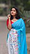 Linen Embroidery Saree Half & Half Design with Plain Border & Running Blouse - 100 Count Premium Linen