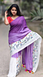 Linen Embroidery Saree Half & Half Design with Plain Border & Running Blouse - 100 Count Premium Linen