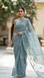 Grey Blue Mulmul Cotton Saree with Multi-Color Floral Embroidery - Soft Elegant Summer Wear