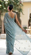 Grey Blue Mulmul Cotton Saree with Multi-Color Floral Embroidery - Soft Elegant Summer Wear