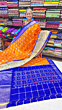 Pure Pochampally Ikat Pattu Handloom Saree in Orange & Royal Blue
