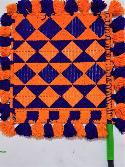 Handwoven Blue & Orange Woollen Hand Fan | 13 Inches