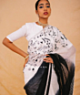 Linen Embroidery Saree Half & Half Design with Plain Border & Running Blouse - 100 Count Premium Linen