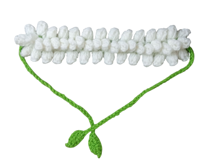 JoaHans Handmade Crochet Jasmine Flower Hair Veni, Traditional White Gajra with Green Ties, Hair Accessory for Women